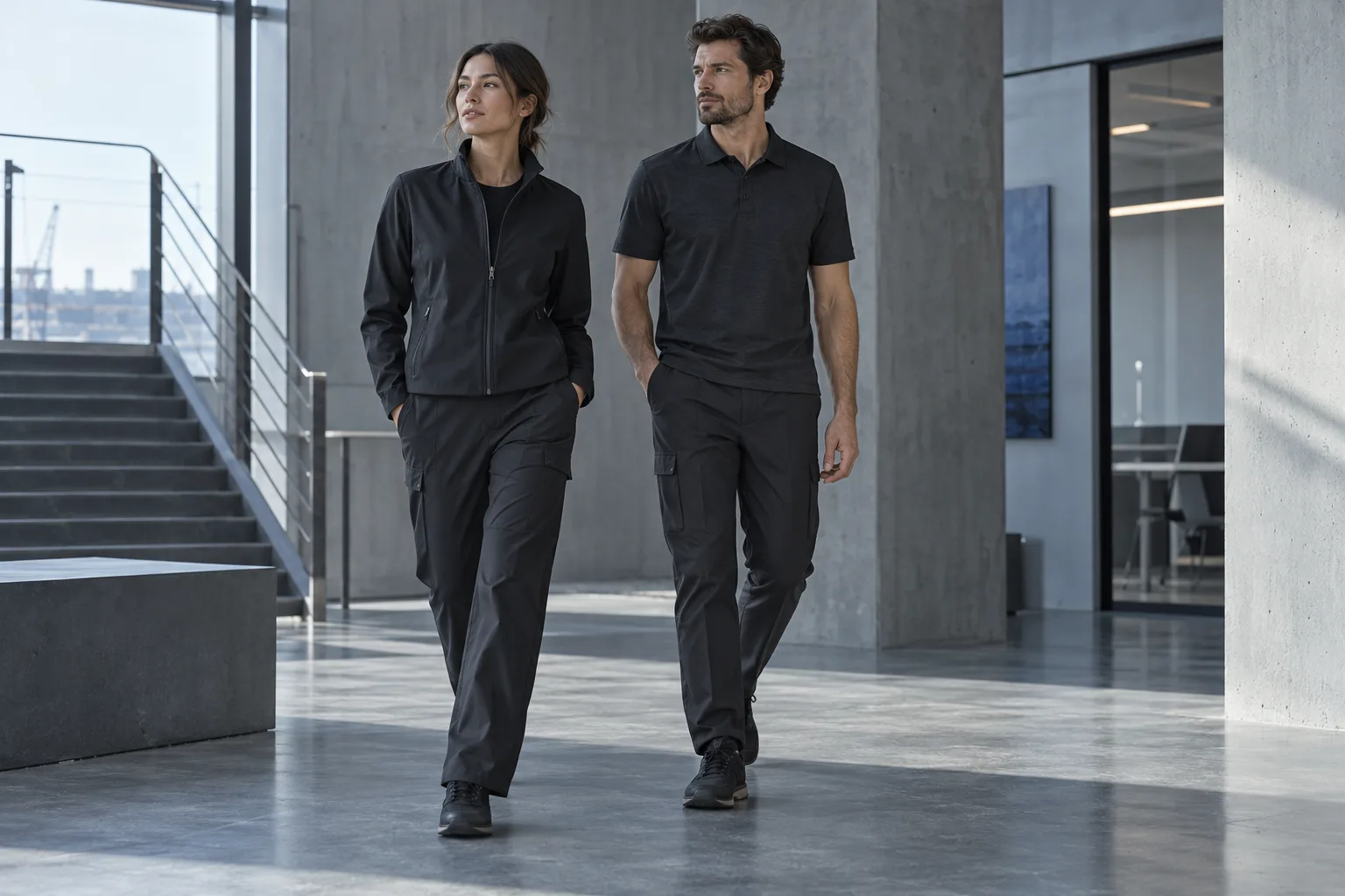 Concept corporate apparel wardrobe with two adults in graphite performance clothing.