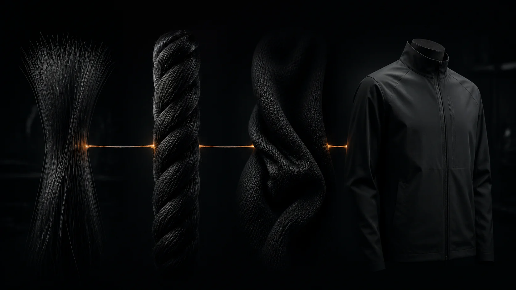 Filaments progressing through yarn and fabric into a black technical jacket.
